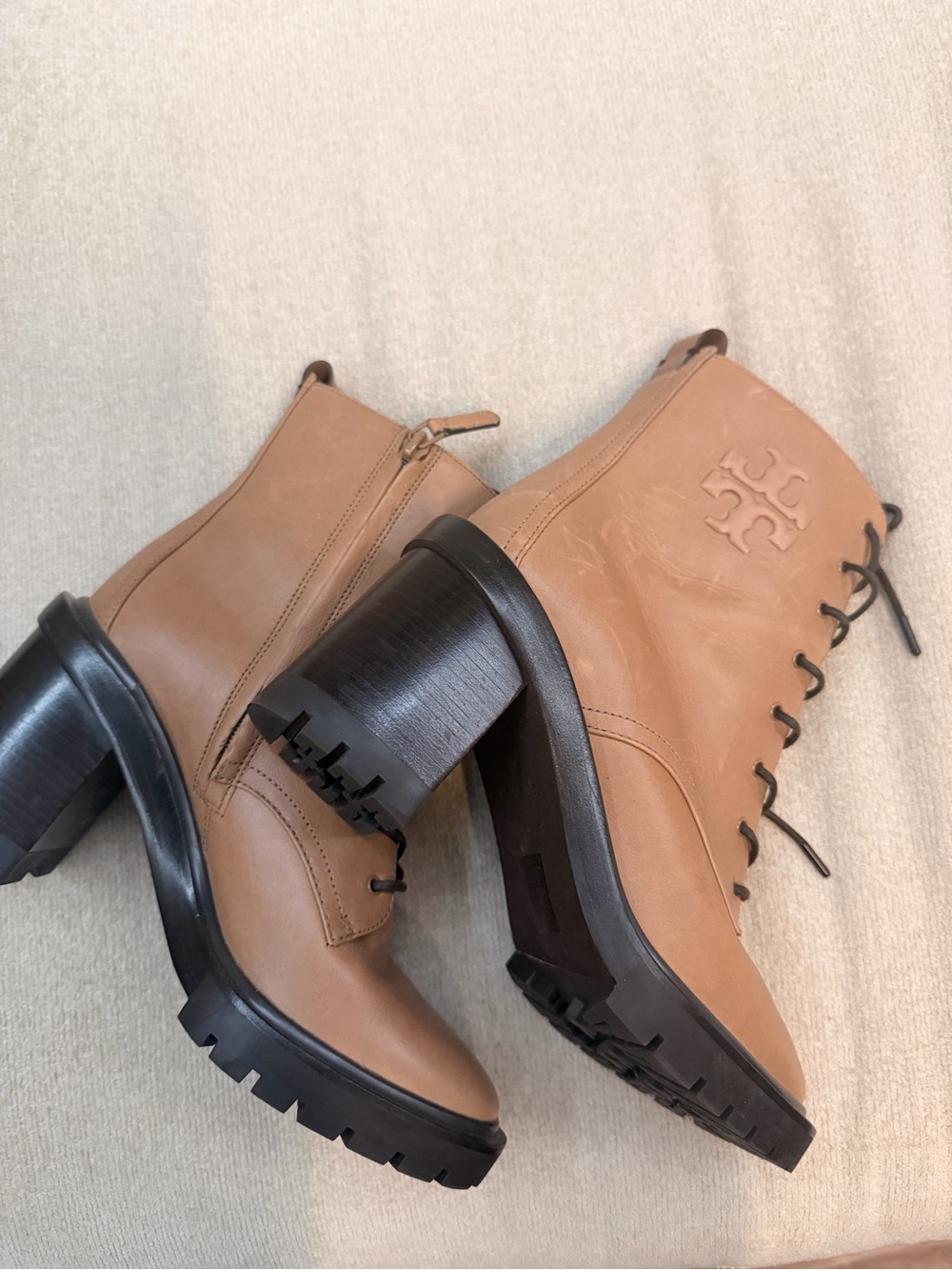 Tory Burch Beige/Tan Lace-Up Lug Heel Boots - Picture 4 of 6